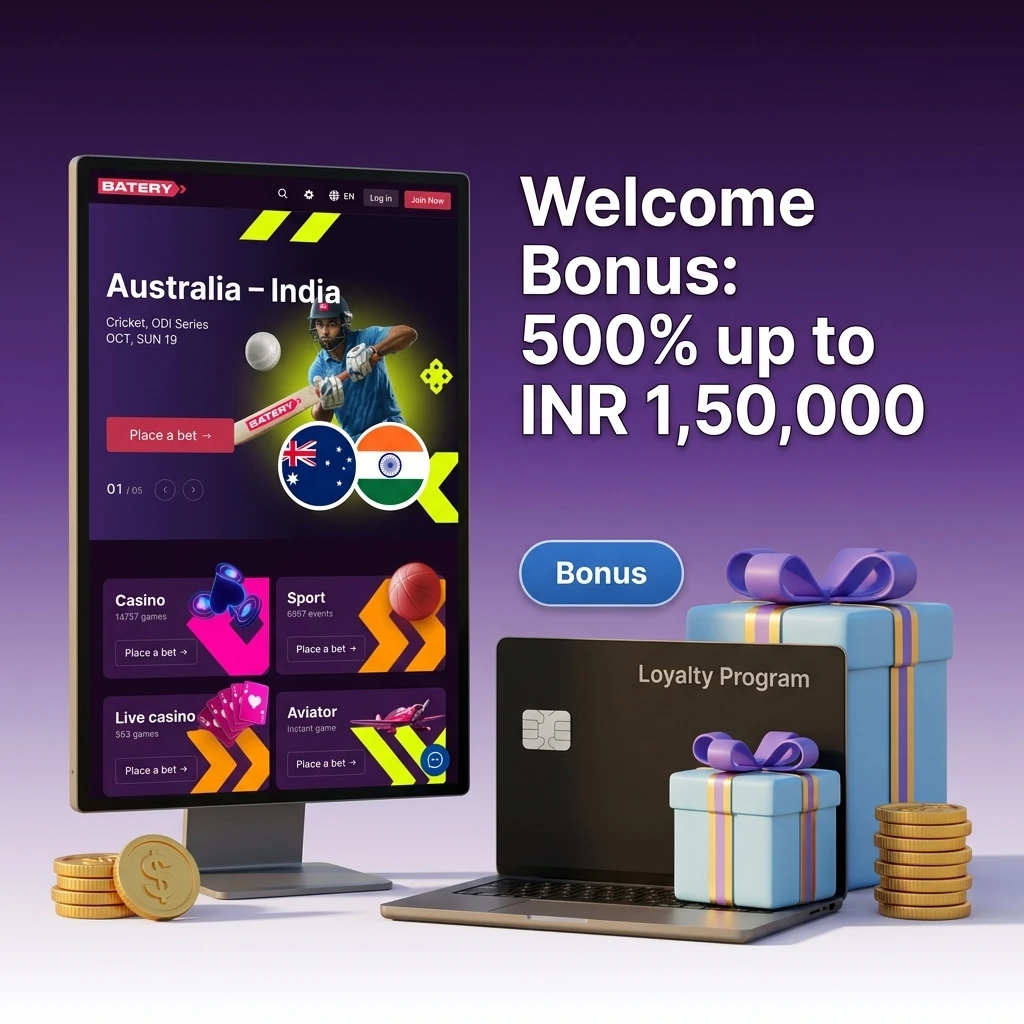 Batery welcome bonus 500% up to INR 1,50,000 covering sports, casino, and live casino for new players