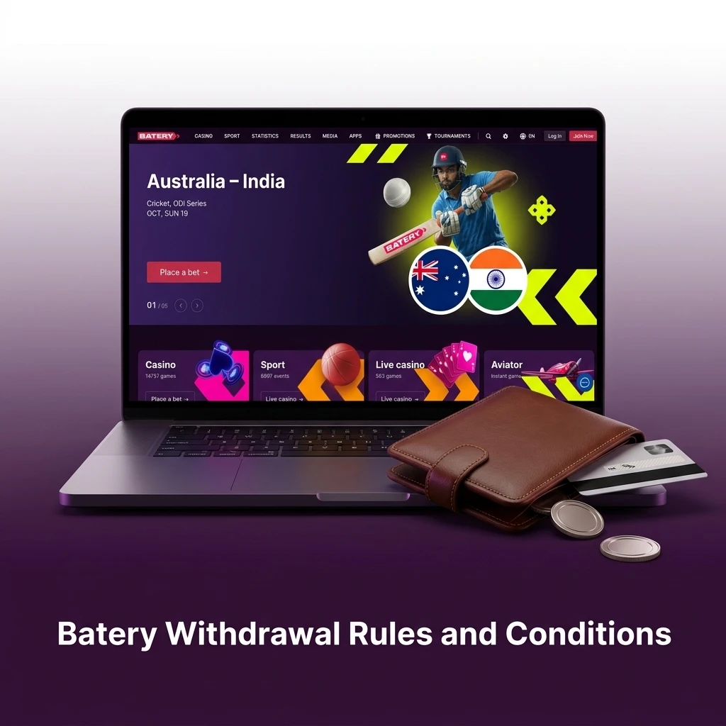 Batery withdrawal rules for Indian players covering KYC, wagering requirements, payment methods, and INR limits