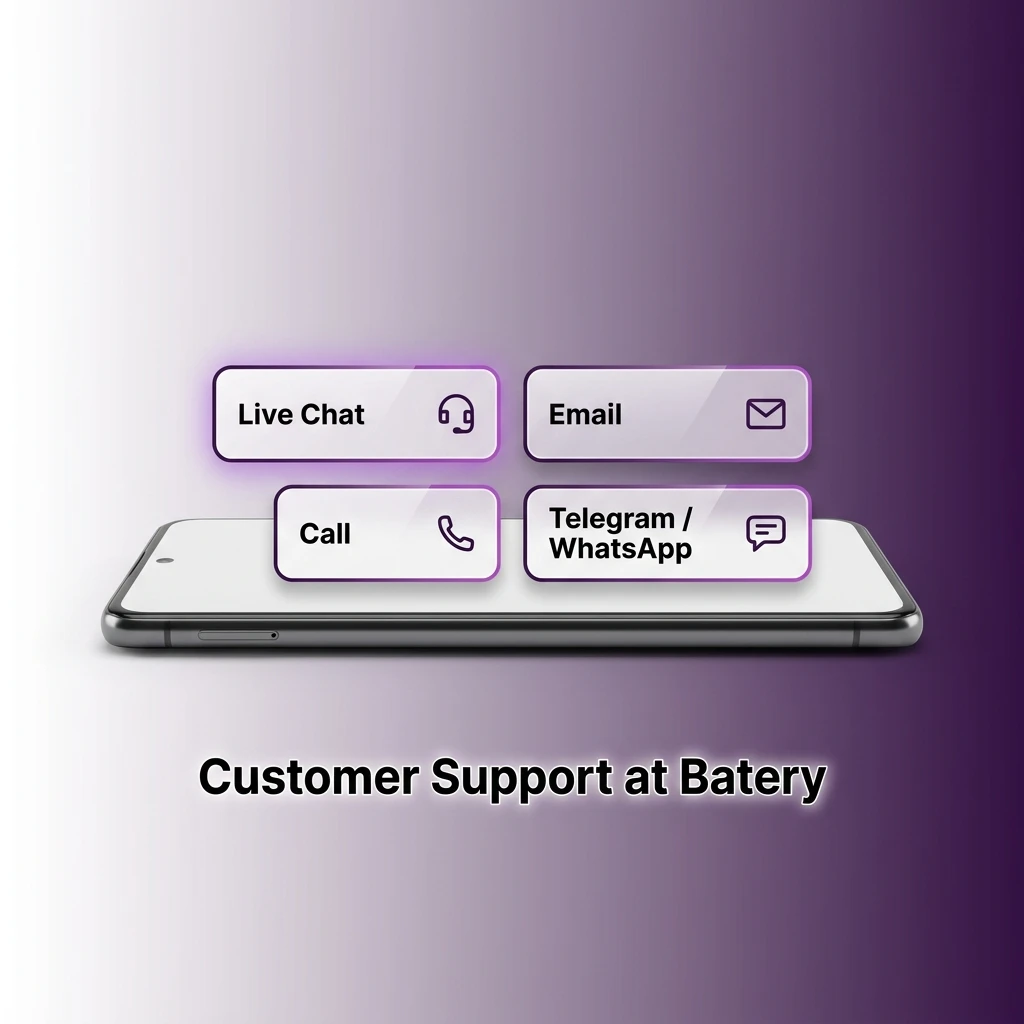 Batery customer support channels including live chat, email support, and FAQ help centre for player assistance