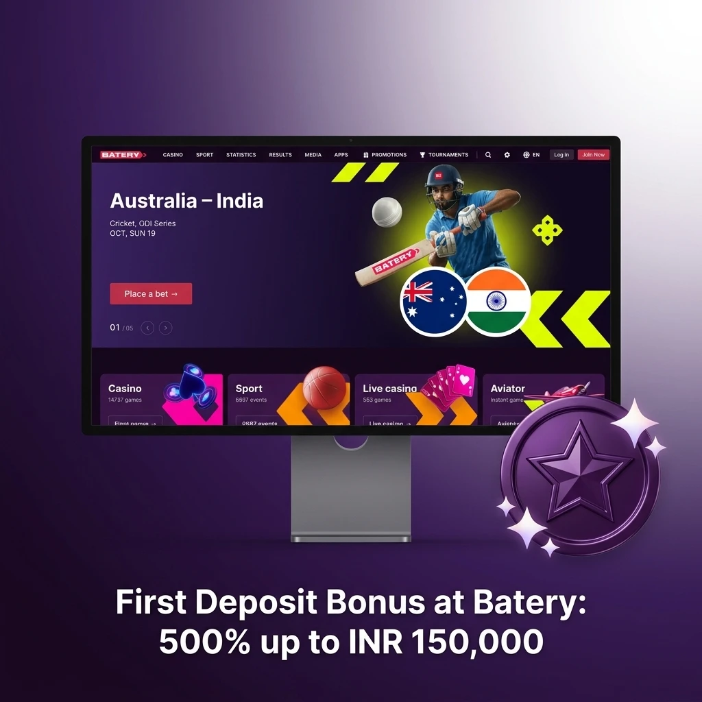Batery first deposit bonus 500% up to INR 150,000 for new players in India on sports and casino