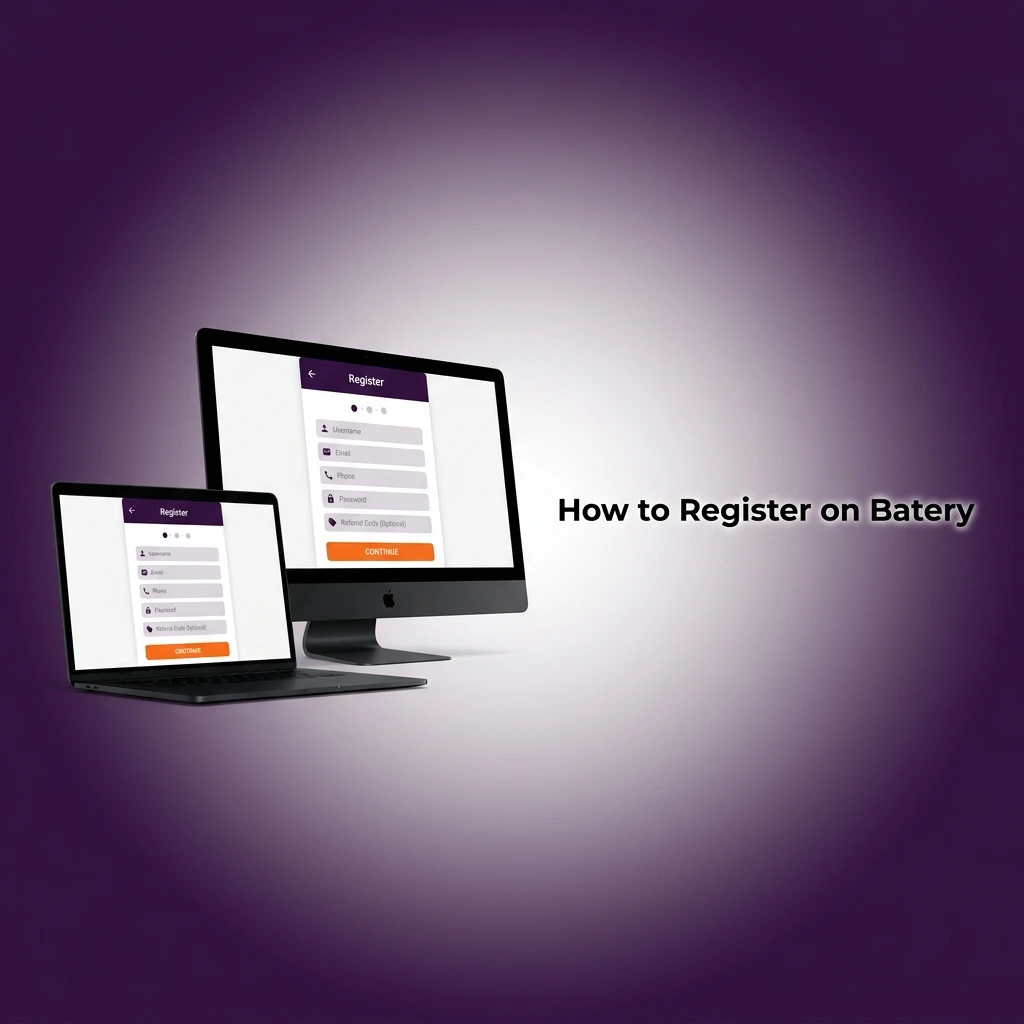 Step-by-step Batery registration guide for Indian users showing sign-up form with email, phone, and deposit options