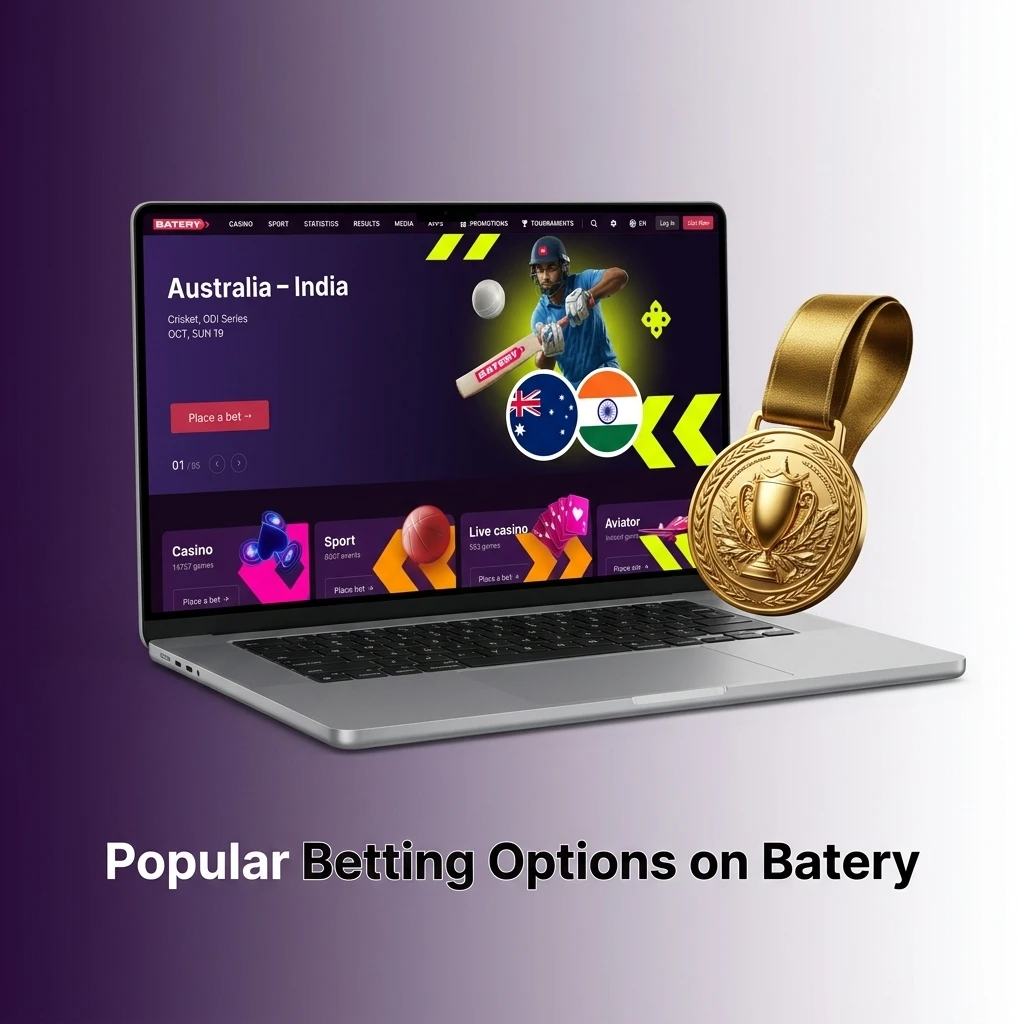 Batery betting options including live, prematch, multi-event and handicap markets across cricket, football and tennis