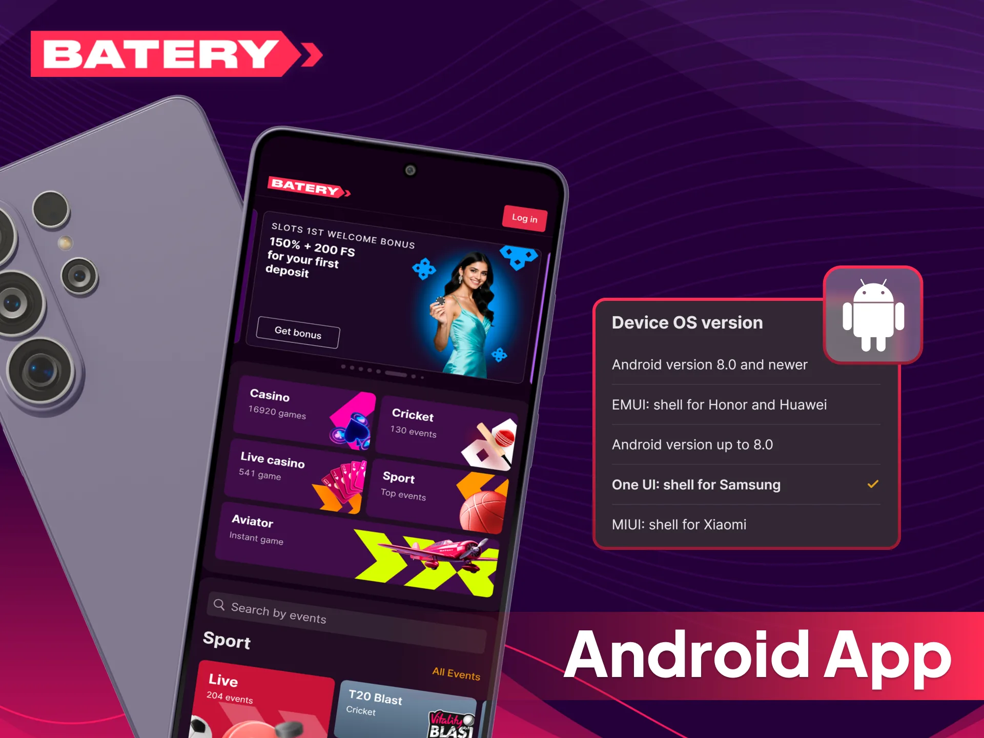 Download the official Batery app for Android and iOS devices.
