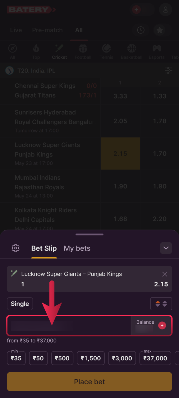 Enter your preferred stake amount in the Batery mobile betslip.
