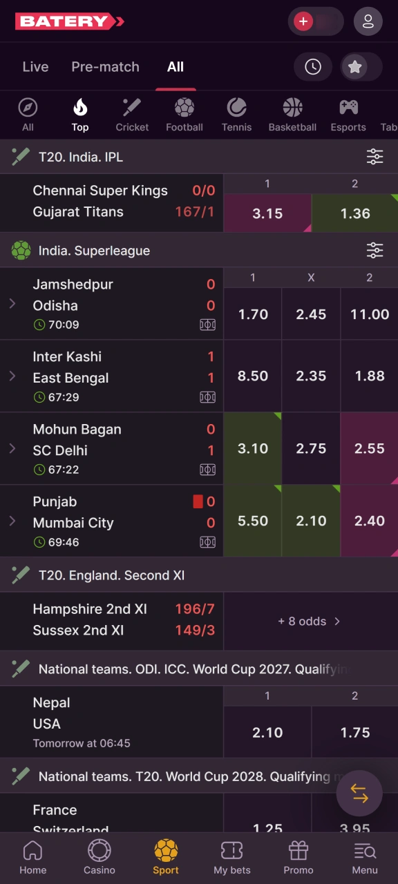Go to the Batery sportsbook section to view available matches.