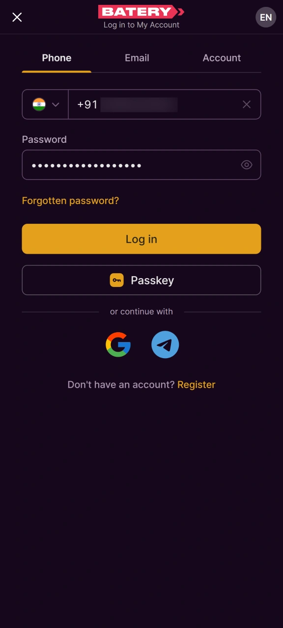 Log in to your Batery account on mobile to start depositing.