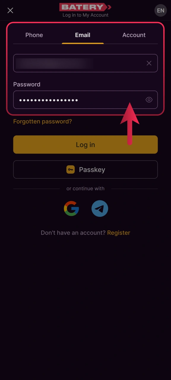 Tap the Log In button to access the sign-in form.