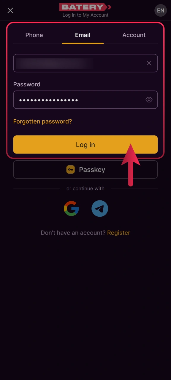Tap the confirm button to submit your Batery account credentials.