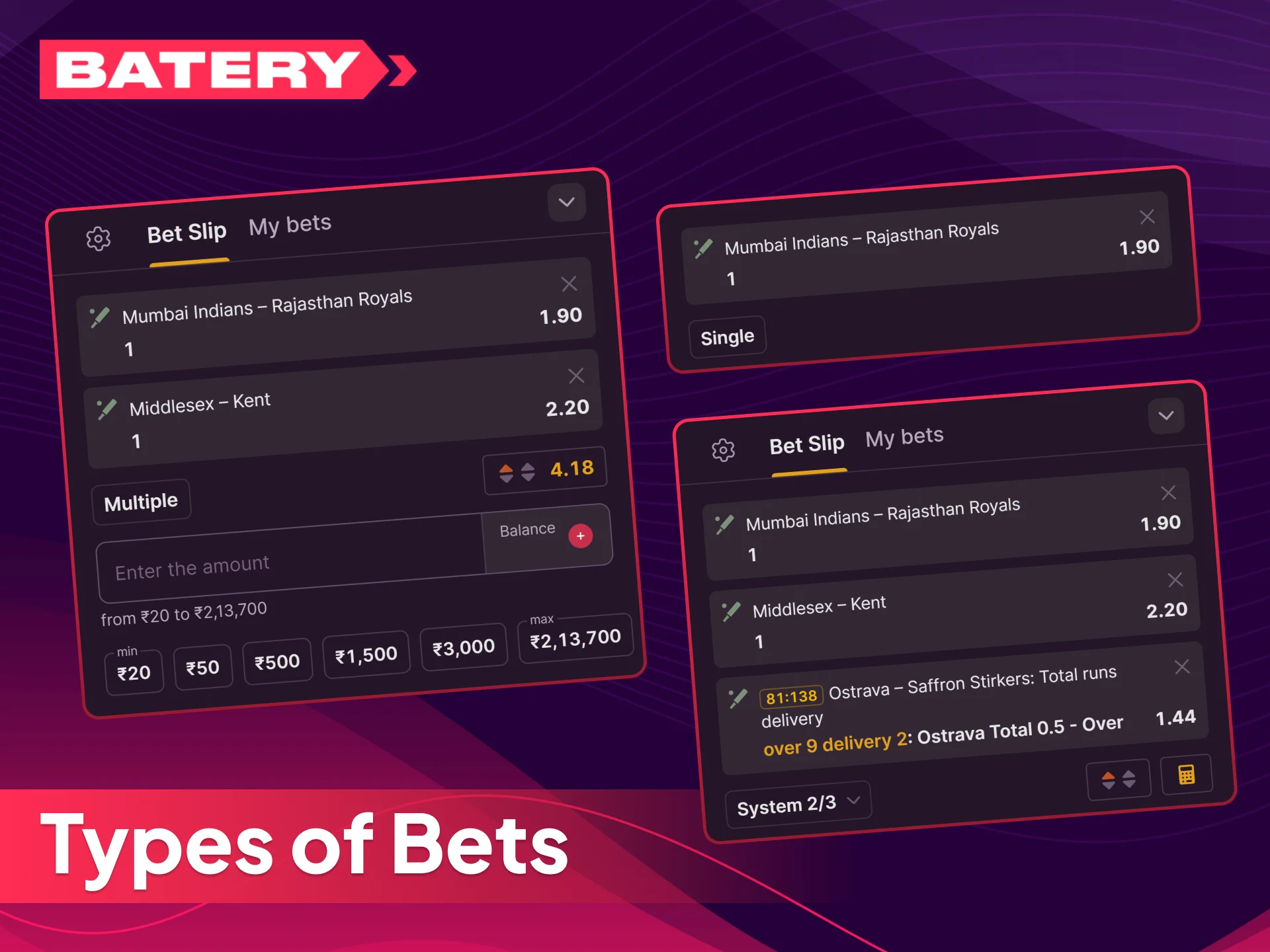 Explore the various types of bets available on the Batery platform.