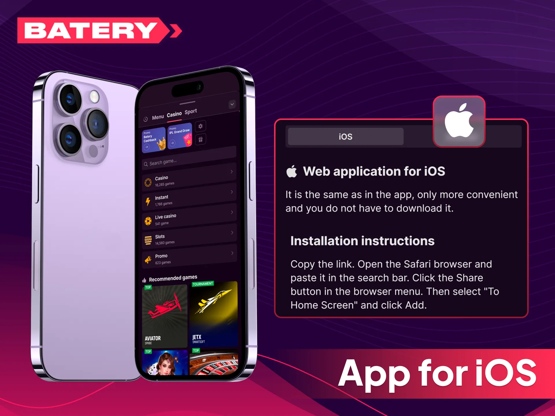 Get the Batery app for iOS and enjoy mobile gaming.