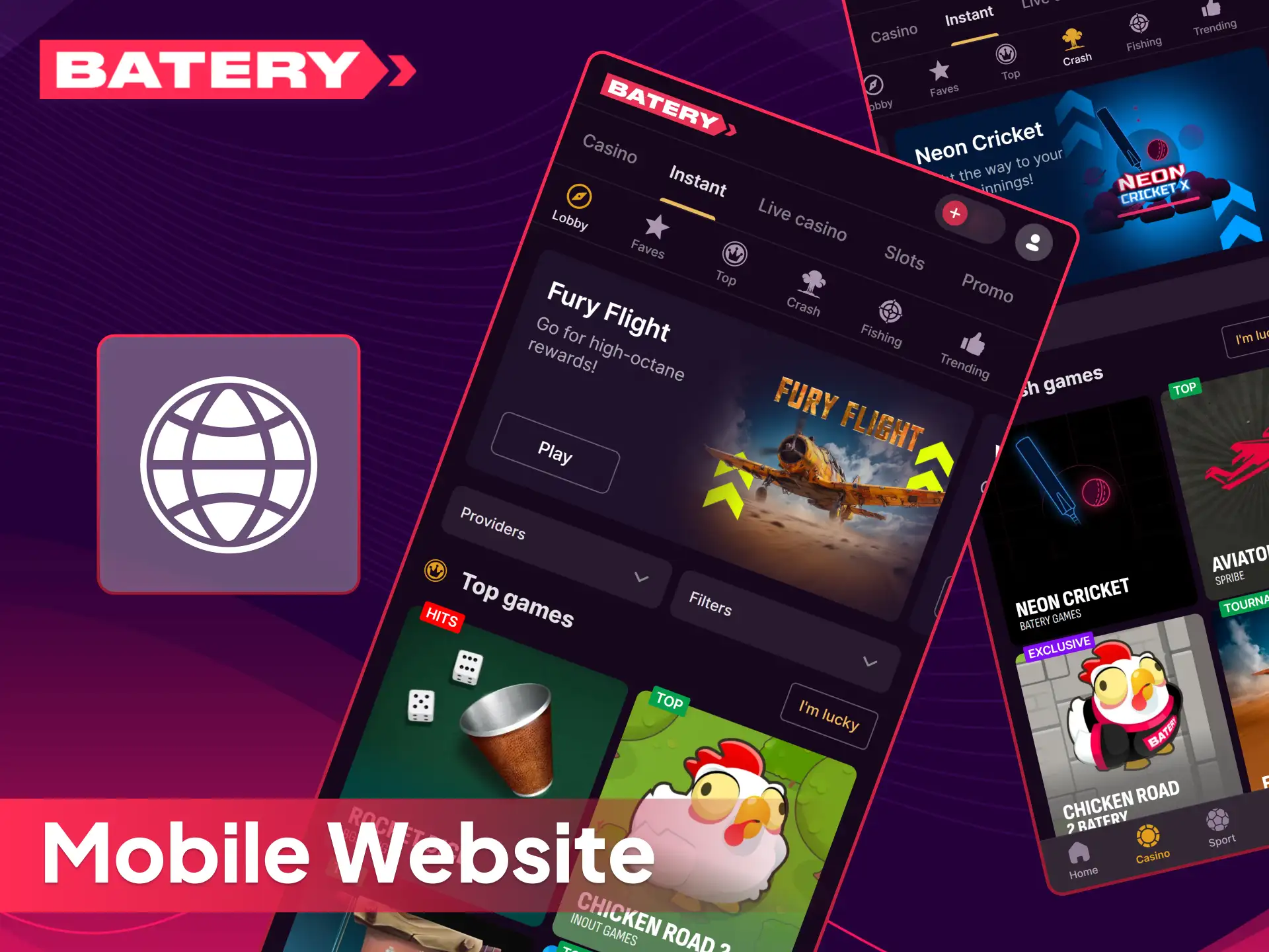 Play your favorite casino games via the Batery mobile website.