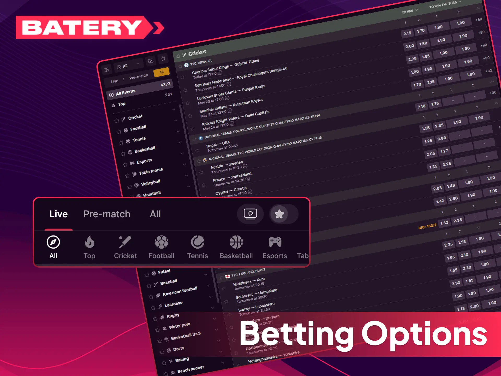 Explore popular betting options available on Batery India.
