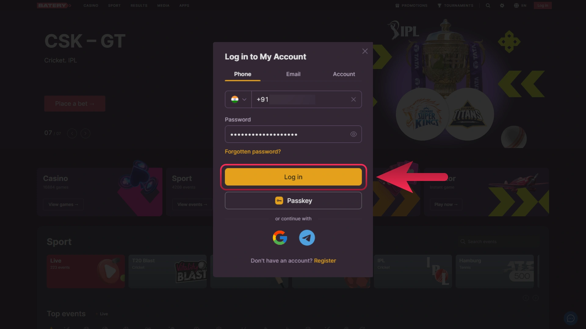 Click the sign-in button to log in to your Batery account.