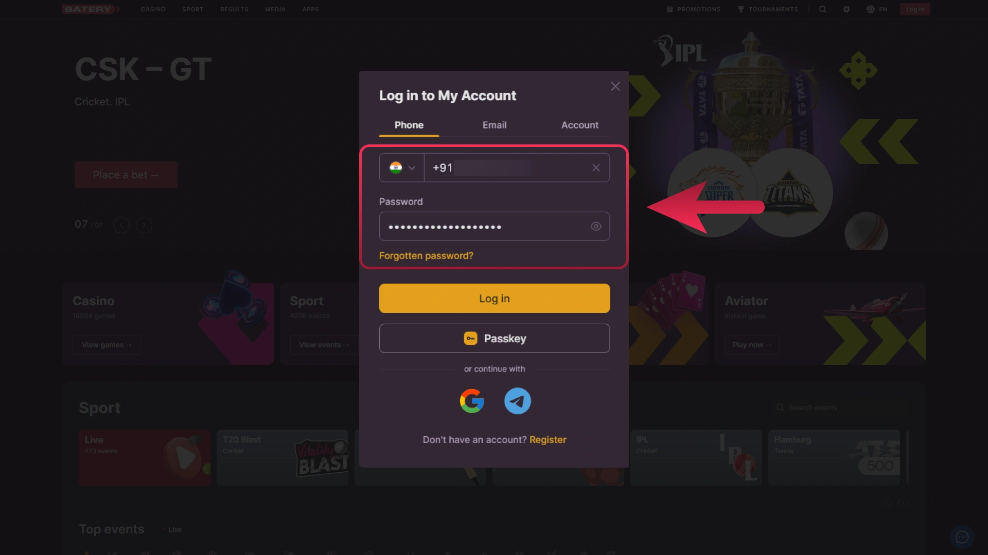 Enter your registered username and password into the Batery login form.