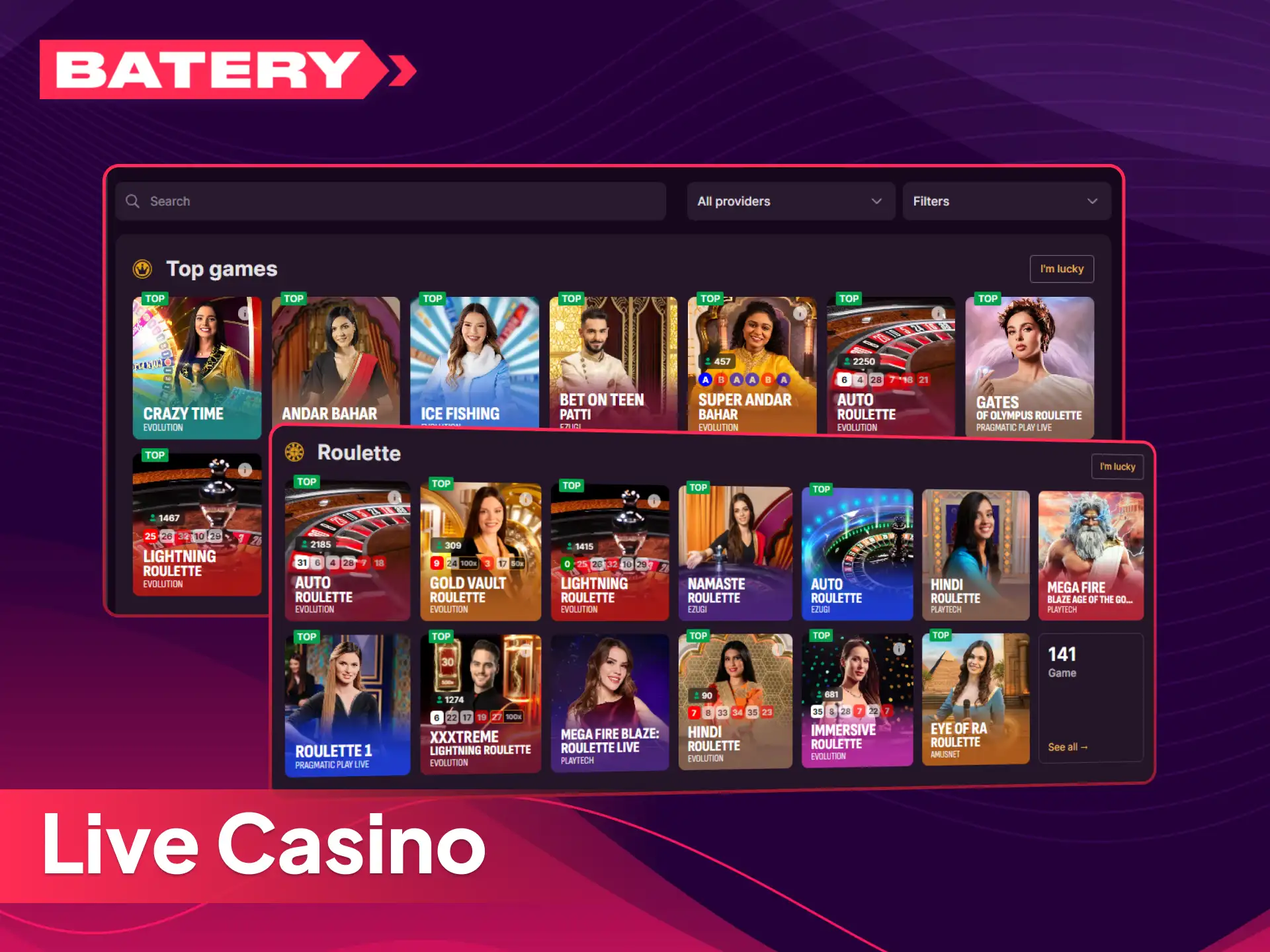 Play exciting live dealer casino games online at Batery India.