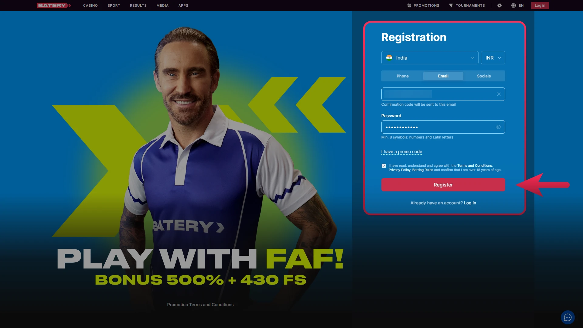 Complete your registration and opt in to the Batery welcome bonus.